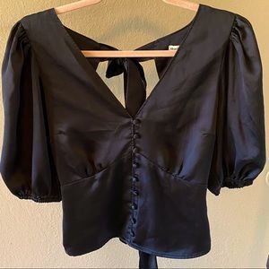A&F Satin Backless Double Tie Puff Sleeved Top